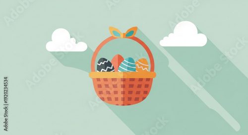 Colorful easter basket filled with gifts floats in the air under sunny sky with clouds