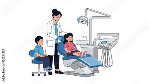 Friendly female dentist in a white coat examines a young girl in a dental chair while her brother watches nearby.