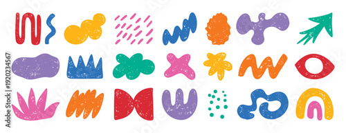 colorful doodle abstract shapes. Naive elements noisy drawing texture. Abstract creative figure, grunge brushes. silhouette trendy quirky graphic