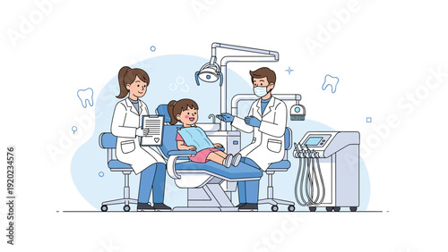 Team of dental professionals including a dentist and assistant treat a young girl sitting in a modern blue dental chair.