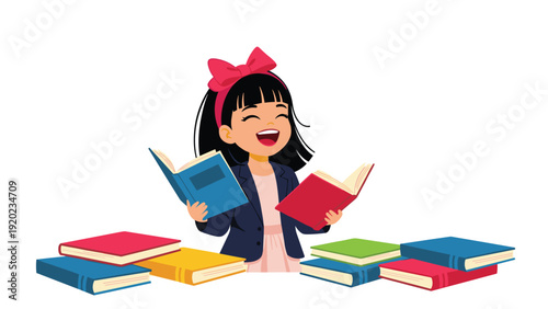 Happy young girl with a large pink bow reads a book while sitting amongst many colorful books scattered on the floor.