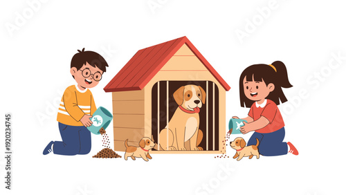 Young boy and girl kneeling on the ground while feeding a mother dog and her two puppies outside a wooden doghouse.