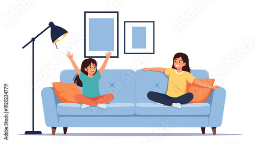 Two happy sisters sit comfortably on a blue sofa in a bright living room while sharing a pleasant conversation together.