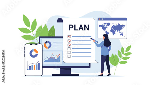 Professional woman marks items on a large plan while surrounded by digital dashboards showing global maps and business data.