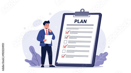 Businessman in a formal suit thoughtfully reviews a large clipboard with a project plan while holding a separate document.