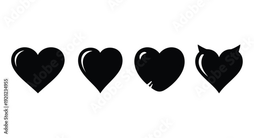 Four black hearts in a row with one broken heart silhouette