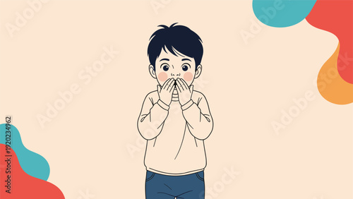 Young boy looks shocked and surprised as he covers his mouth with both hands against a colorful abstract background.