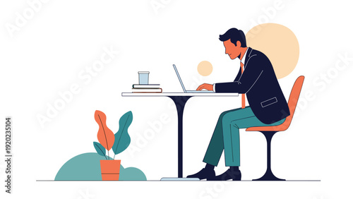 Businessman in a formal suit and tie sits at a modern table and works focused on his laptop in a minimalist room with a plant.