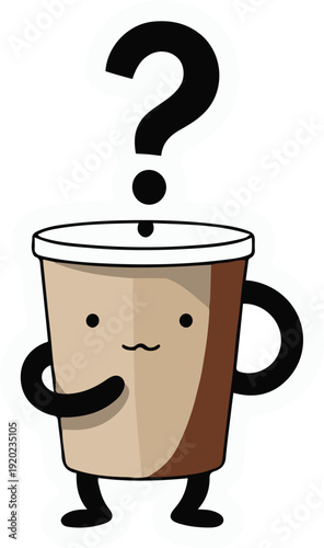 anthropomorphic coffee cup character with human arms and legs, sitting and thinking pose, steam forming question mark shape, clean bold outline, minimal colors, vector sticker, white background