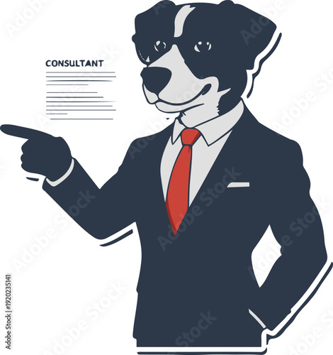 anthropomorphic dog character wearing business suit and glasses, pointing at invisible presentation while explaining, confident consultant pose, clean vector outline 2