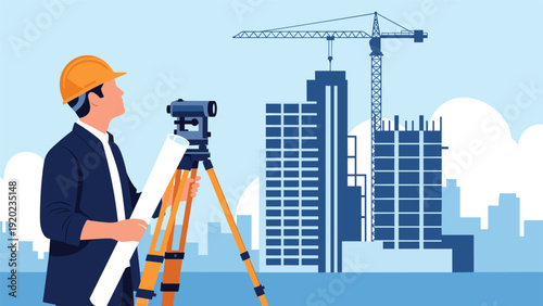 Construction surveyor in a hard hat uses a total station instrument to measure the site for a new building in the city.
