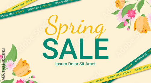 Spring Sale Poster Template: Floral Background with Yellow Flowers and Discount Coupons. Minimalist Green and Yellow Flyer for Seasonal Promotion.