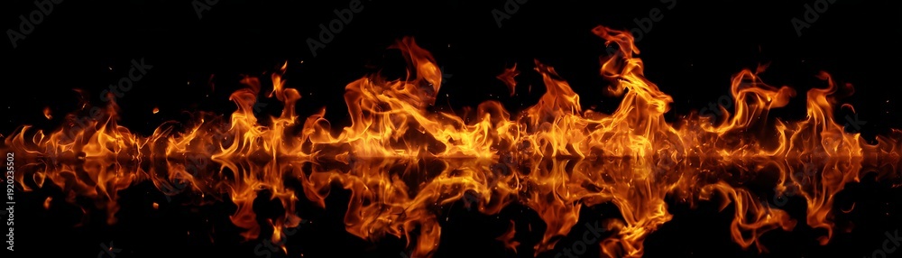 Fototapeta premium Bright orange flames stretch horizontally across a solid black background with mirrored reflection below