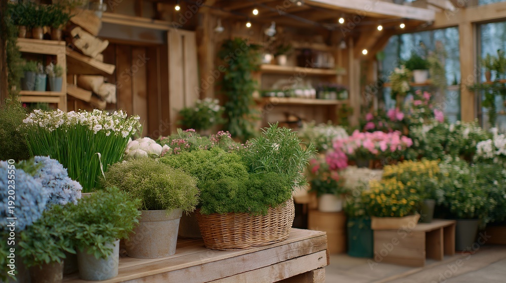Obraz premium Inviting trimming station filled with fragrant herbs and colorful blooms, showcasing the artistry of botany in a vibrant space. Bright, harmonious setting featuring rustic wood surfaces,