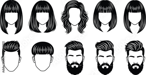 Men and women hairstyles collection, modern haircut silhouettes with beard styles, black vector illustration isolated on white background