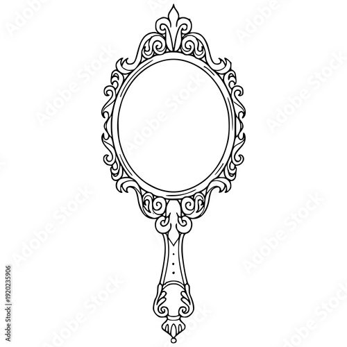 antique hand mirror illustration with ornate baroque details