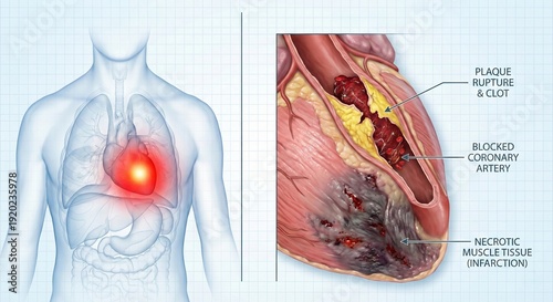 Human heart attack, blocked coronary artery, myocardial infarction illustration.