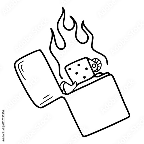 retro flaming lighter illustration in black and white line art