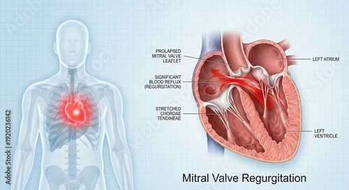Human heart mitral valve regurgitation medical illustration.