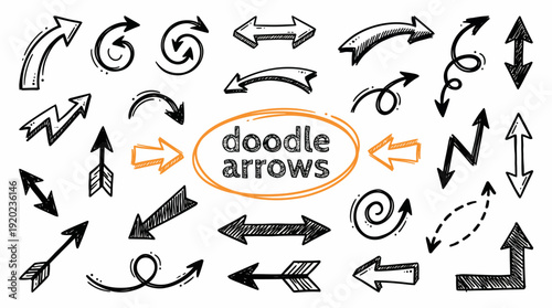 Hand-Drawn Doodle Arrows Vector – Black Ink Scribble Arrows in Various Styles Including Curved, Zigzag, Swirled, and Pointed for Creative Design and Annotation Projects