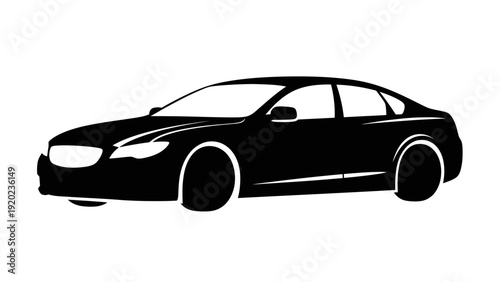 Sleek Black Sedan Car Silhouette on White Background.