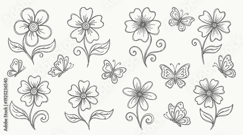 Hand-Drawn Floral and Leaf Doodles Vector – Black Ink Flowers, Leaves, and Butterflies for Nature-Themed Designs, Stationery, Scrapbooking, and Creative Craft Projects