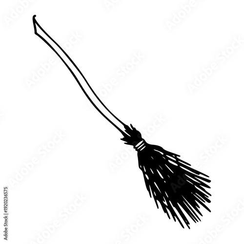 retro rustic broom ink drawing, simple witchcraft element