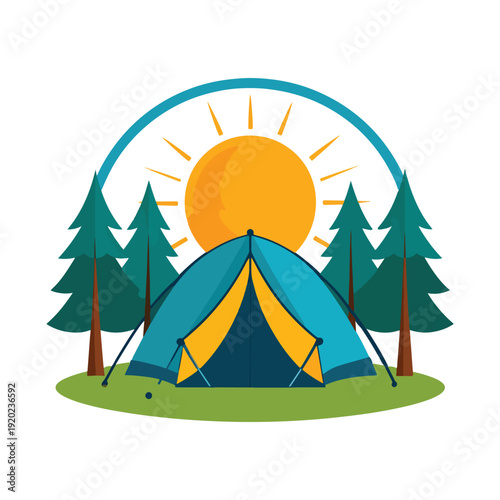 Camping adventure emblem with tent and sunrise in forest nature scene