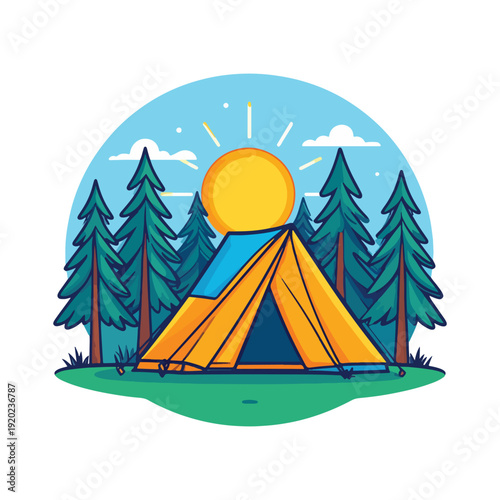 Camping adventure emblem with tent and sunrise in forest nature scene