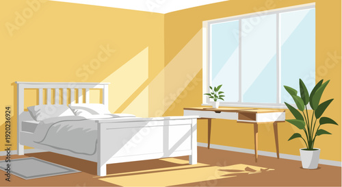 Minimalist bedroom interior with bright yellow walls and white furniture, featuring a bed, desk, and potted plants, illuminated by sunlight streaming through a large window.