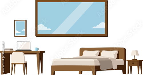 Cozy bedroom interior with a large window showing a blue sky and clouds, a wooden bed with white bedding, a nightstand with a lamp, and a desk with a laptop and chair