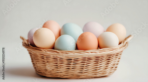 Wallpaper Mural Wicker basket filled with soft pastel color easter eggs over light plain background. Header and banner for website or social media post and poster. Torontodigital.ca