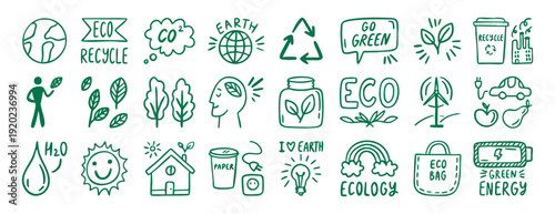 Green eco icons set collection doodle hand drawn icon. Outline drawing ecology line clipart symbol.