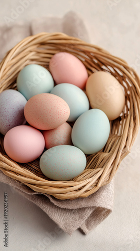 Wallpaper Mural Wicker basket filled with soft pastel color easter eggs over light plain background. Header and banner for website or social media post and poster. Torontodigital.ca