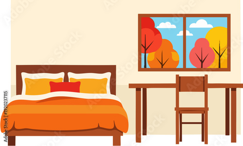 Cozy bedroom interior vector illustration with a wooden bed, orange bedding, and a desk with a chair. A window shows an autumn landscape with colorful trees and a blue sky.