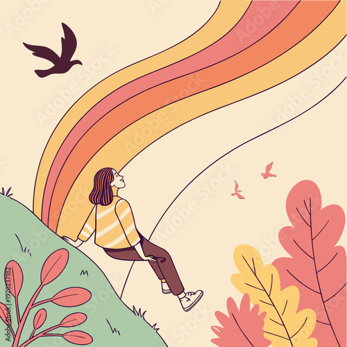 Young woman sitting on a hill, looking up at a colorful rainbow-like arc and birds in a whimsical, optimistic scene.