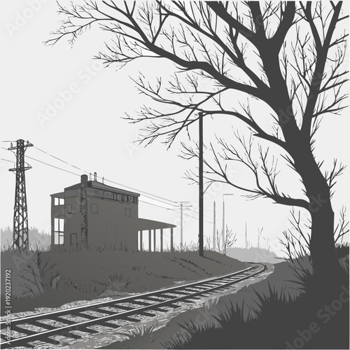 Desolate railroad tracks leading past an abandoned building and power lines under a bare winter tree in monochrome.