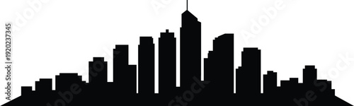 A vast black silhouette cityscape panorama featuring numerous tall modern skyscrapers against a white background