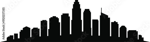 Silhouette of a modern city skyline with diverse skyscrapers against a white background