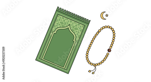 Vector illustration of a green prayer mat, tasbih beads, and crescent moon symbolizing Ramadan, with Islamic patterns and gold accents on a white background.