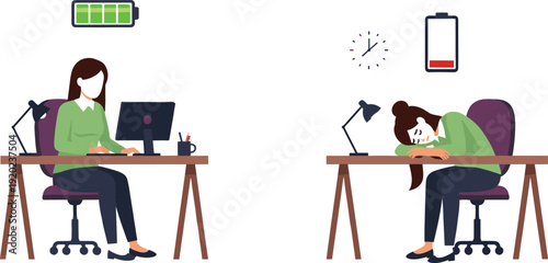 Cartoon vector illustration of worker at desk with full battery productivity versus slumped burnout low energy fatigue decorative motifs