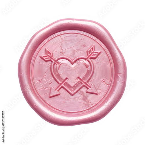 A pink wax seal with a heart and crossed arrows isolated on transparent background