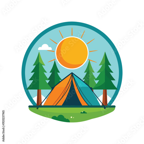 Camping adventure emblem with tent and sunrise in forest nature scene