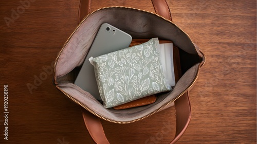 Smartphone and patterned pouch with contents inside an open tote bag