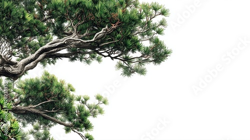 力強く伸びる松の枝のアップ。和風デザインや背景素材に最適な自然の枝葉のイメージ。