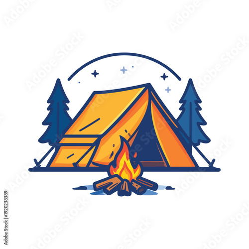 Camping tent in forest at sunrise with trees and nature emblem