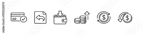 Set of financial line icons featuring credit card payment, wallet deposit, coin growth, dollar exchange, and refund symbols. Minimalist vector design.