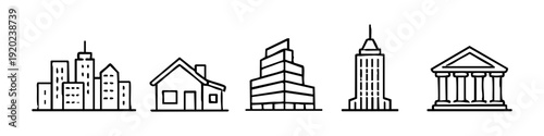 Set of hand-drawn building icons including cityscapes, houses, office towers, and classical architecture.