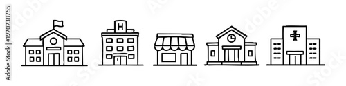 Set of five hand-drawn building icons including school, hospital, shop, and town hall in a doodle style on white background.