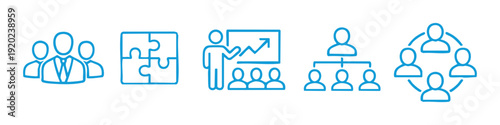 A collection of stylized business line icons featuring themes of teamwork, leadership, puzzle solving, growth presentation, and hierarchy structure.